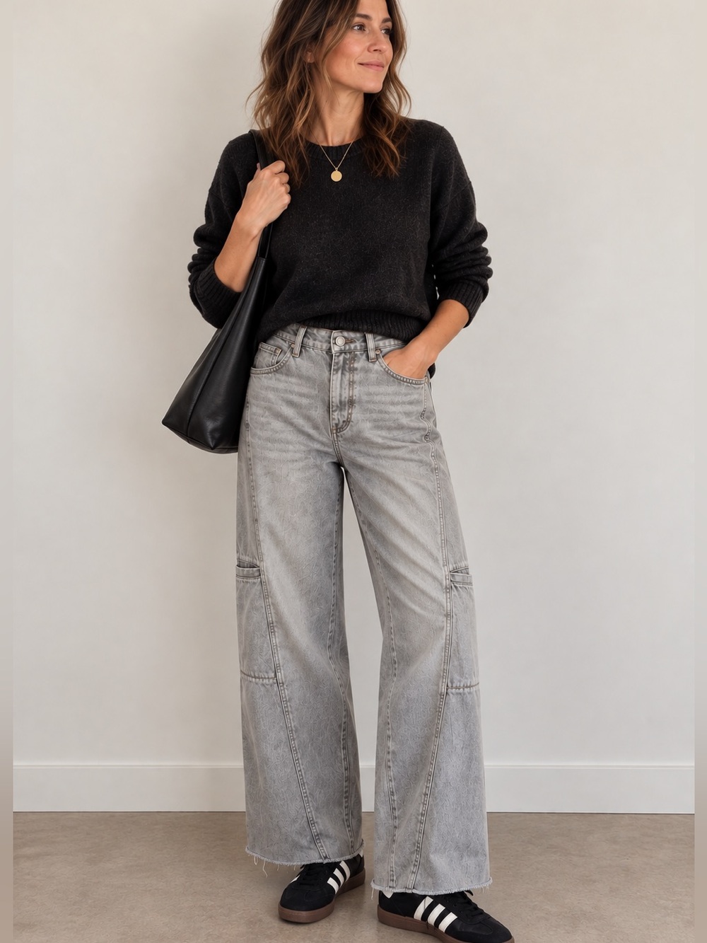 Zara Grey Washed Carpenter Barrel Wide Leg Jeans - 4